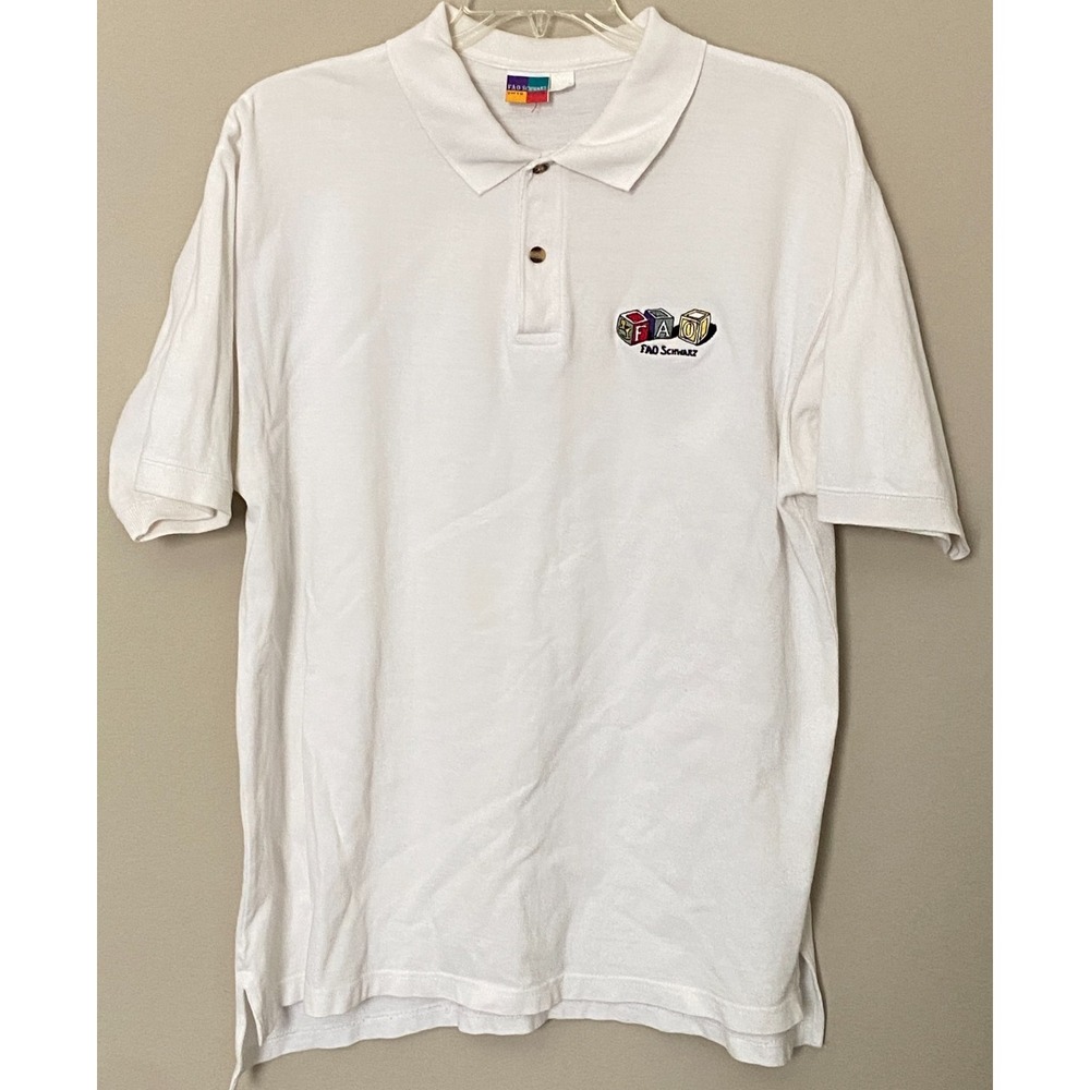 Vtg FAO Schwarz Toy Store ~ Mens White Polo Shirt Embroidered Logo  sz XL
